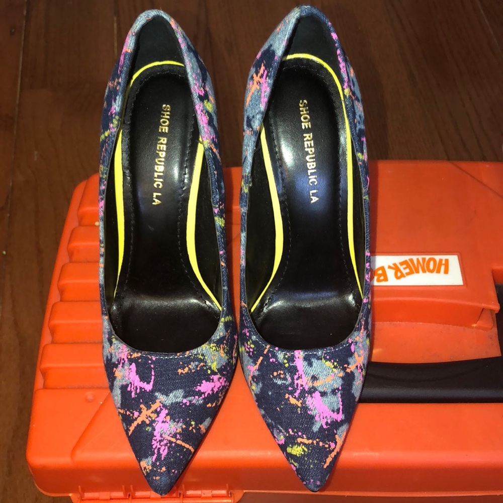 Paint-Splattered Denim Heels Size 8